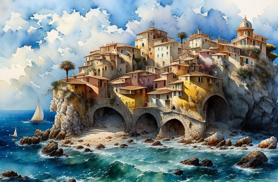 Cliffside village with stone houses, terracotta roofs, bridges, sailboat, blue skies