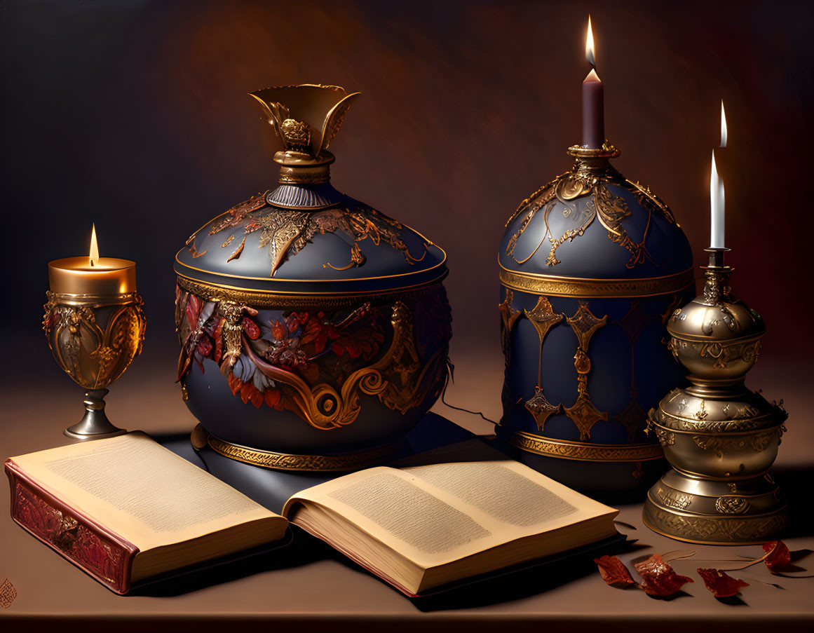 Ornate vessels, books, candle, leaves on draped surface