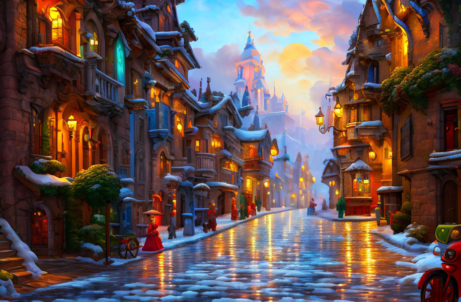 Snowy Street in Bustling Town with Colorful Buildings and Illuminated Castle