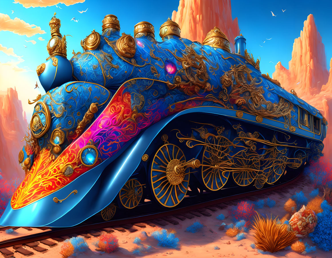 Fantastical gold-decorated train in vivid desert landscape