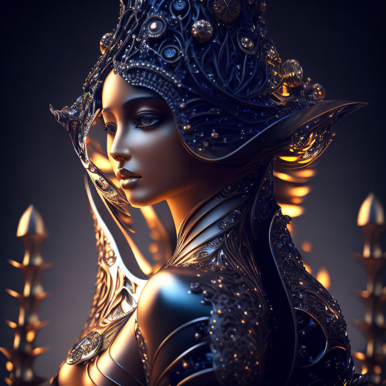 Ethereal Elf Queen in Intricate Silver Armor and Headpiece