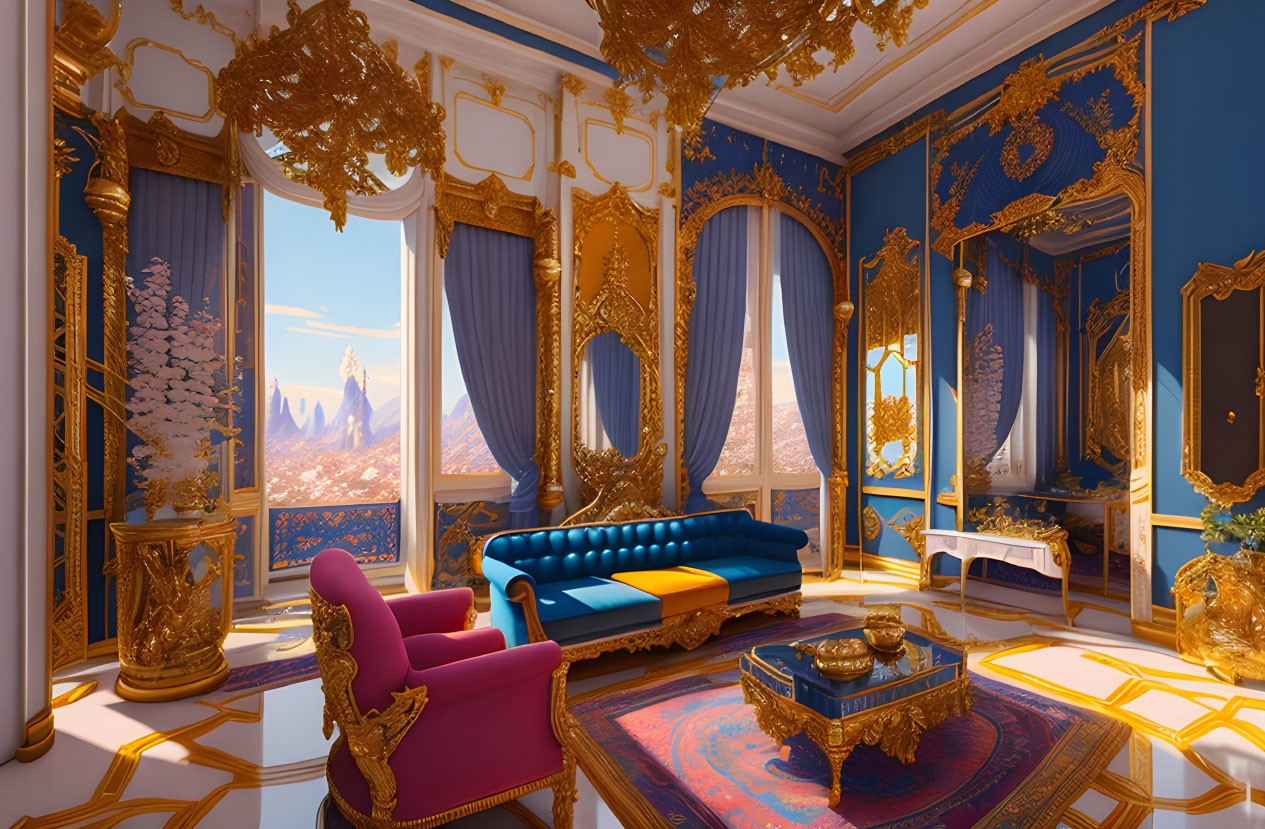 Luxurious room with gold trimmings, blue walls, ornate ceiling, and mountain view.