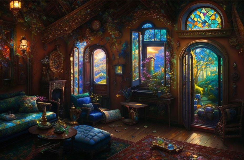 Ornate room with stained glass windows and forest view