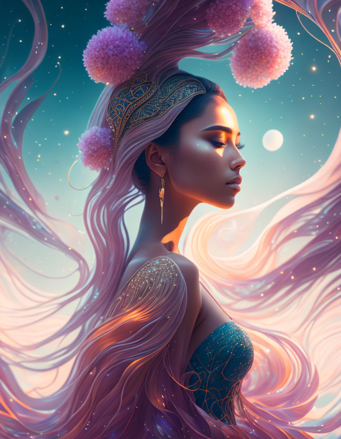 Mystical woman with jeweled headpiece under starry sky and pastel hues