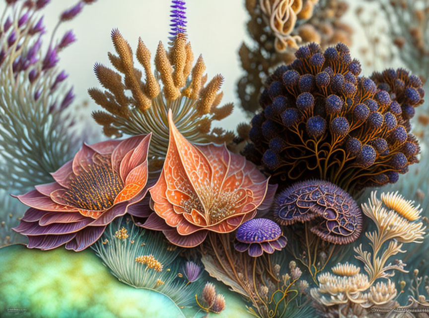 Colorful and Intricate Plant-Like Forms in Underwater Coral Scene