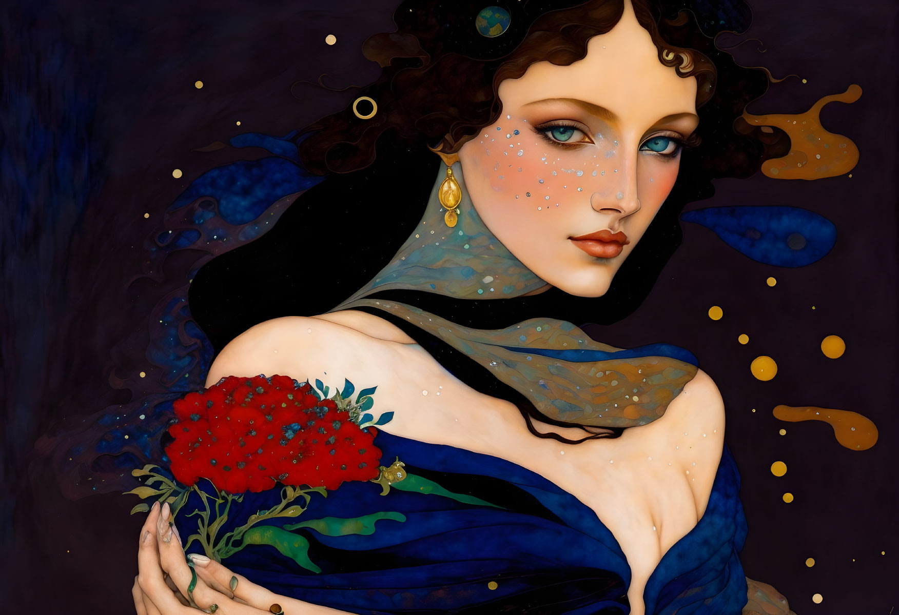 Illustrated woman with blue eyes holding red flowers in starry background.