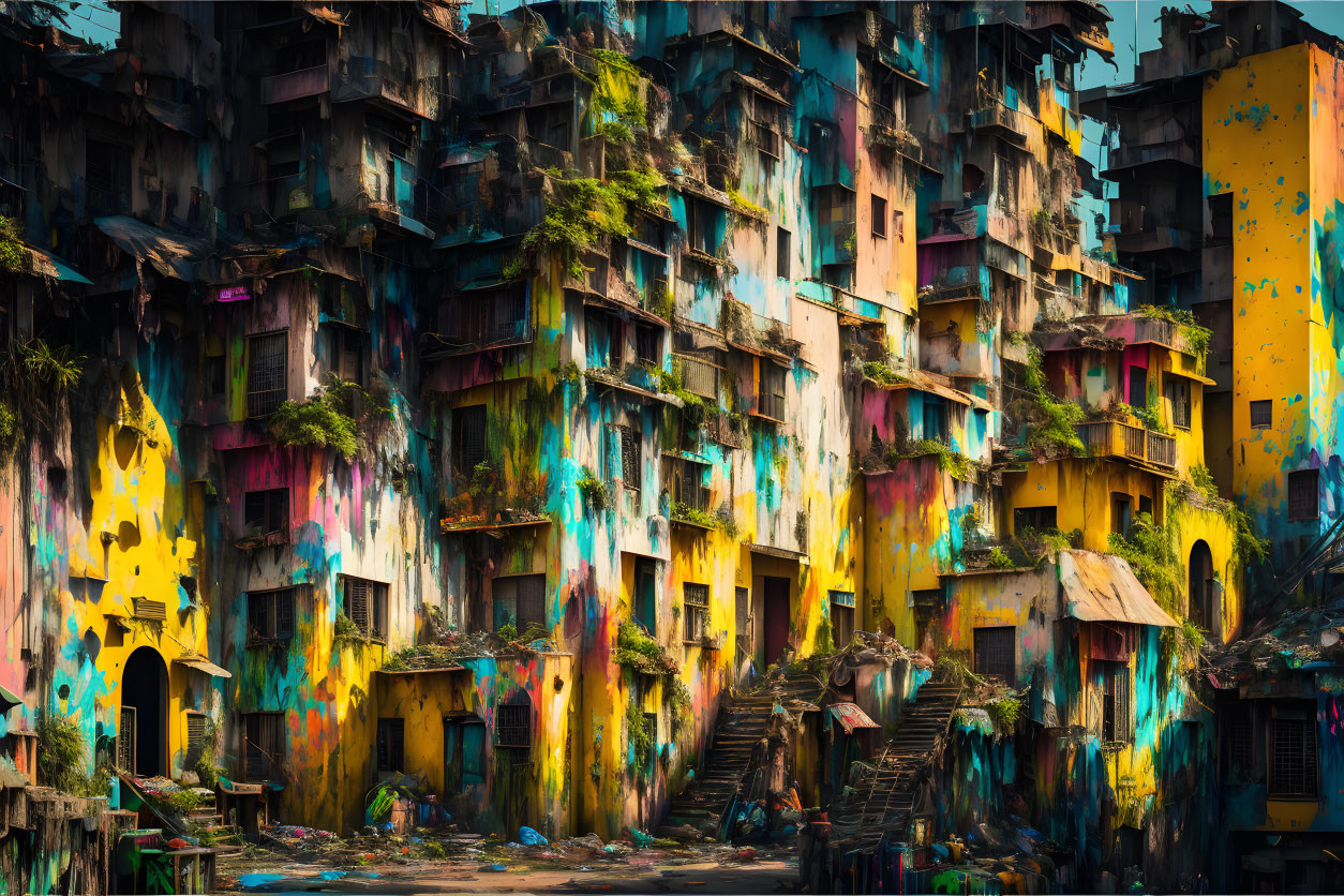 Colorful weathered multi-story building with overgrown walls under hazy sky