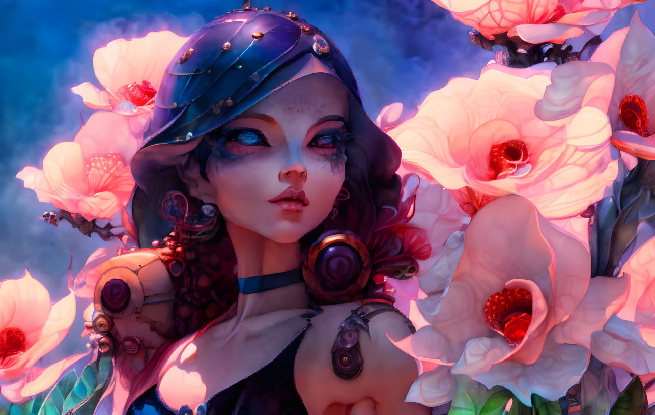 Fantastical female figure with mechanical elements and oversized red flowers on moody blue backdrop