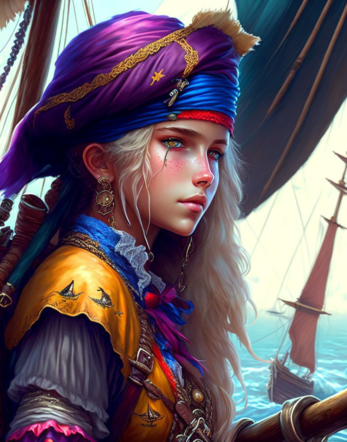 Female pirate illustration with blue headscarf and colorful outfit on ship deck.