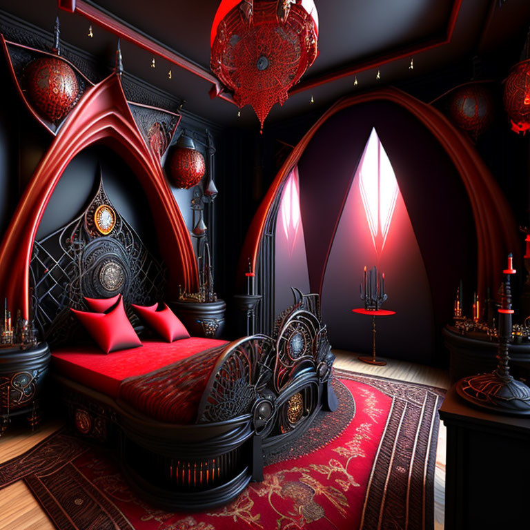 Luxurious Gothic-style bedroom with canopy bed, red and black decor, ornamental furniture, and candle