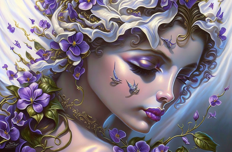 Detailed fantasy illustration of woman with purple flowers, butterflies, serene expression