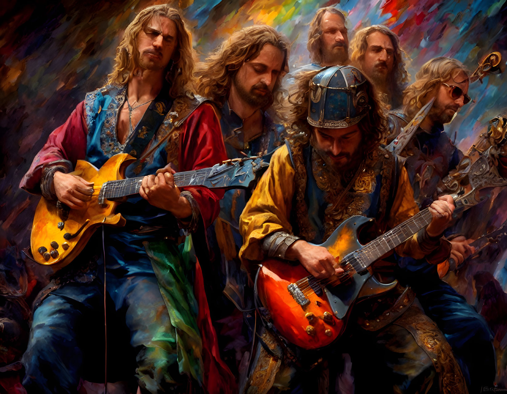 Colorful Renaissance-style male musicians playing electric guitars in a vivid painting