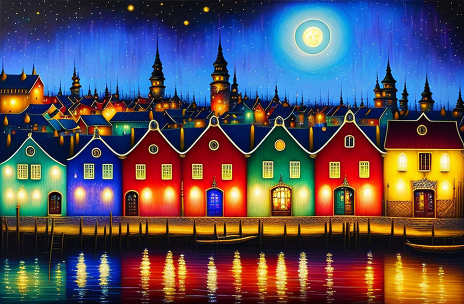 Colorful Stylized Painting: Riverside Town Under Starry Night Sky