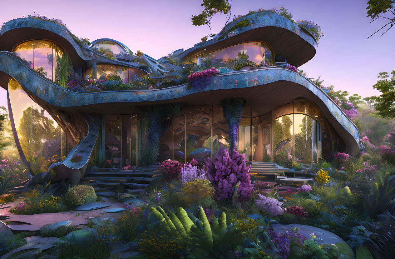 Futuristic house with organic shapes in lush garden at twilight