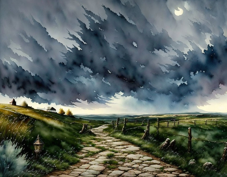 Moonlit cobblestone path in grassy countryside under dark, cloudy sky with wooden fence.