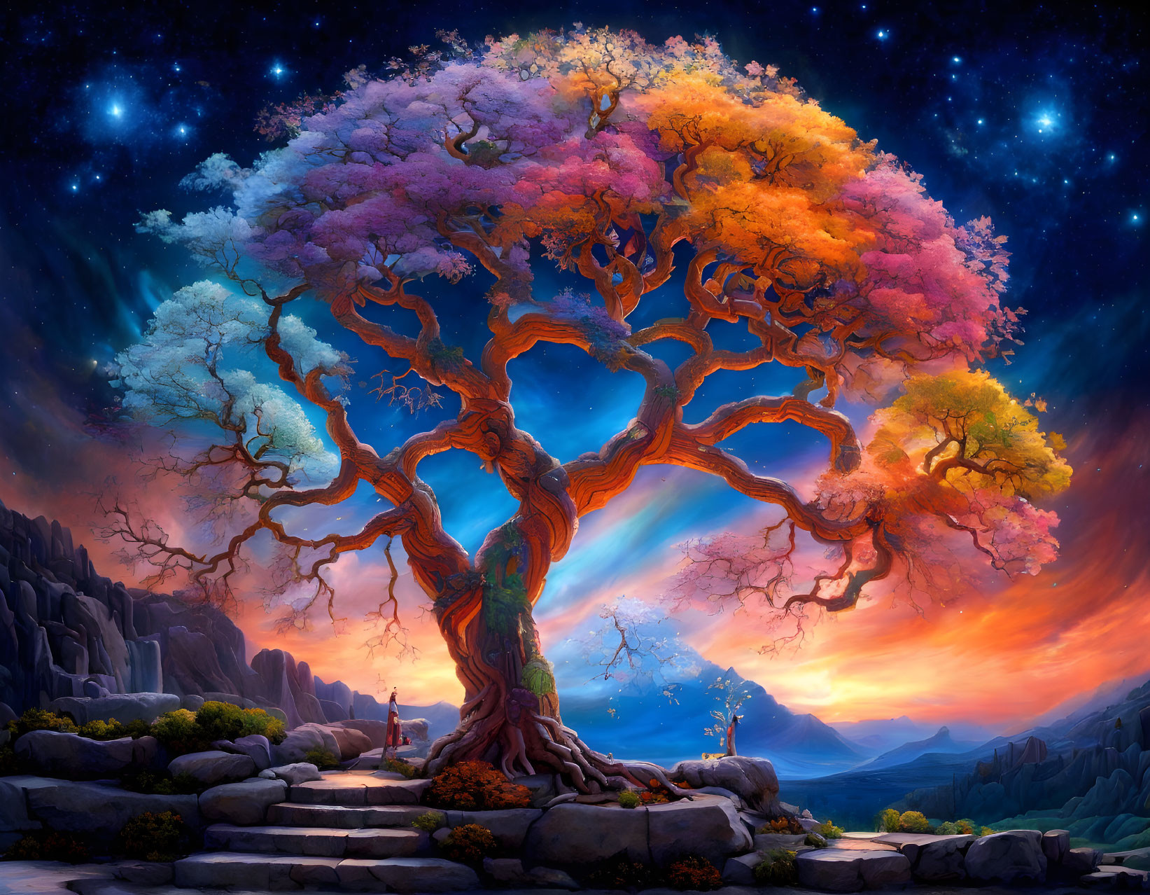 Giant multicolored tree and figure on stone path under starlit sky