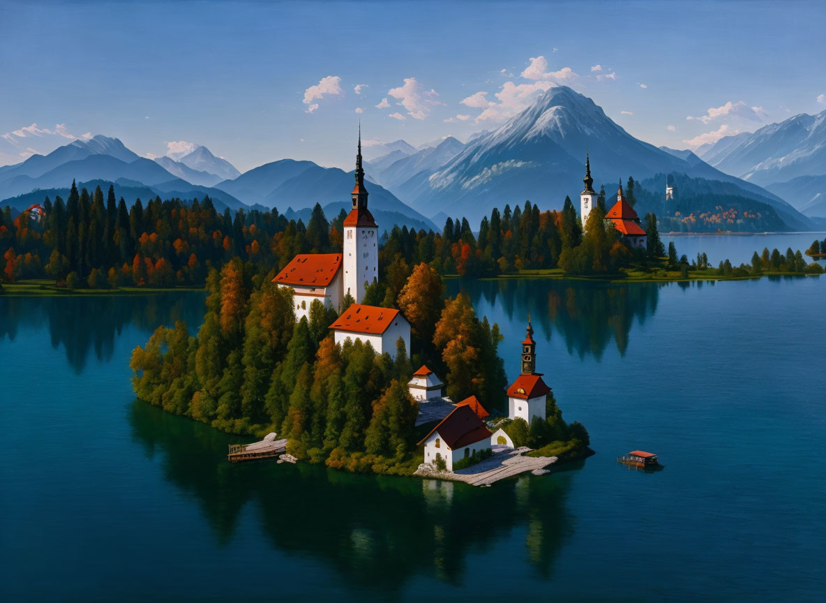 Tranquil landscape: church on island, lush trees, lake, mountains, clear sky