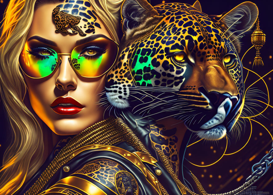 Digital Artwork: Woman with Leopard Makeup and Golden Details