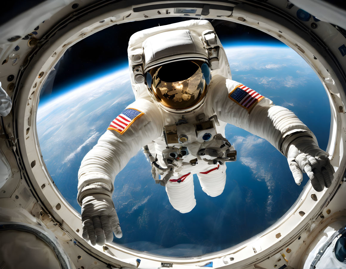 Astronaut in reflective visor floating in space with Earth's curvature.