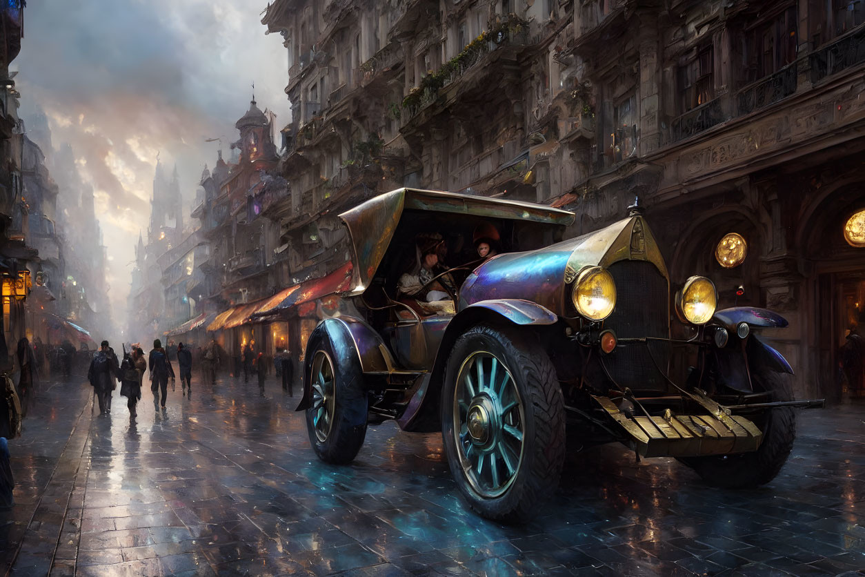 Vintage car and passengers on rainy street with ornate buildings.