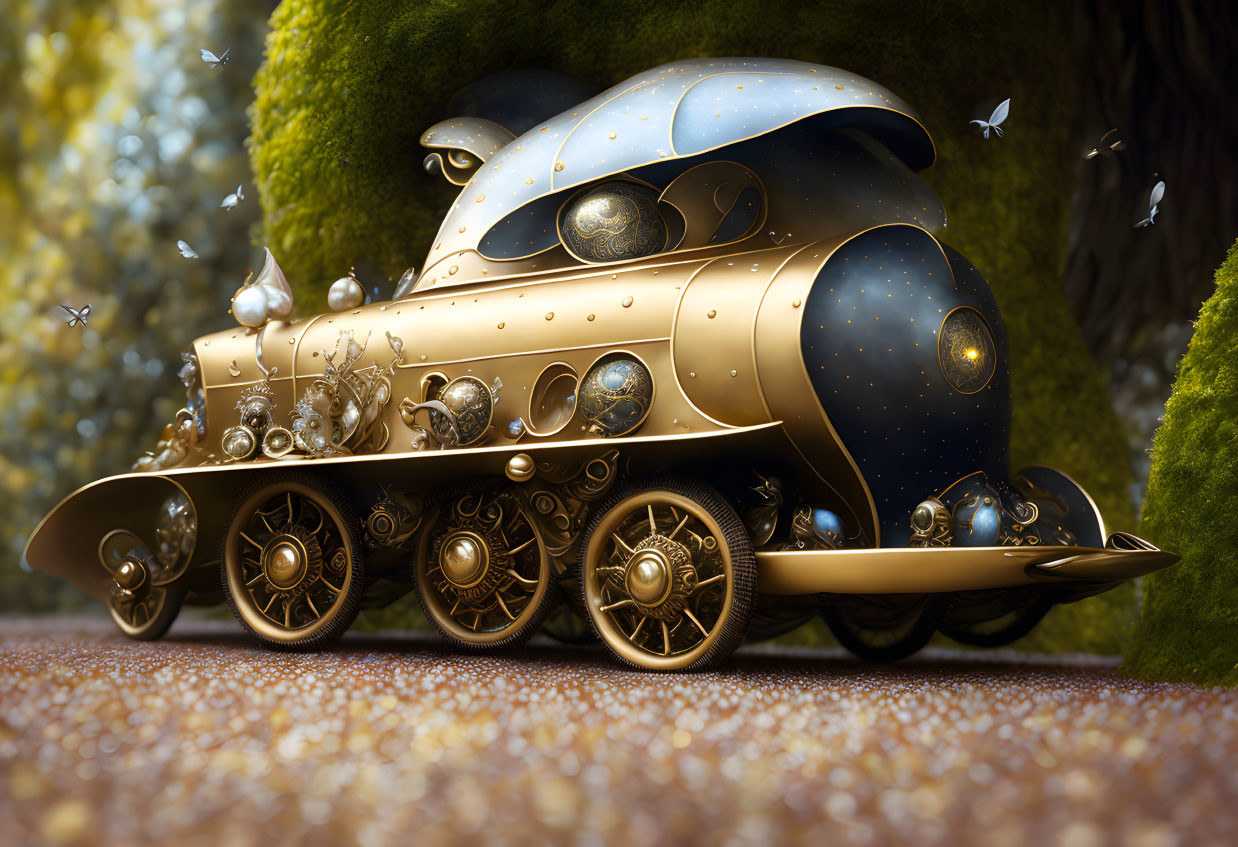 Golden steam engine with butterflies on glittering bed