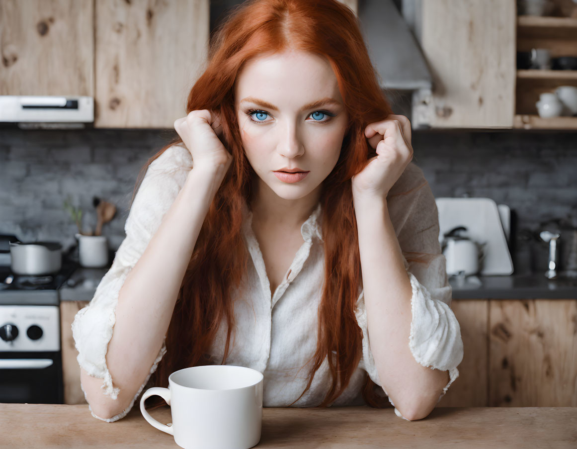 Red-haired woman with blue eyes at wooden table in kitchen with white mug, intense gaze.