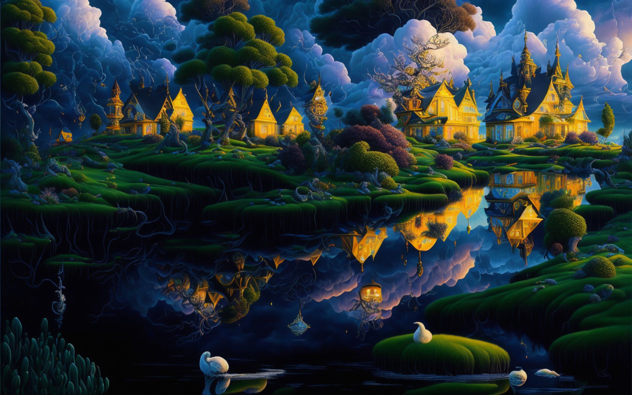 Nighttime fantasy landscape with golden castles, lush greenery, serene water, swans, lantern