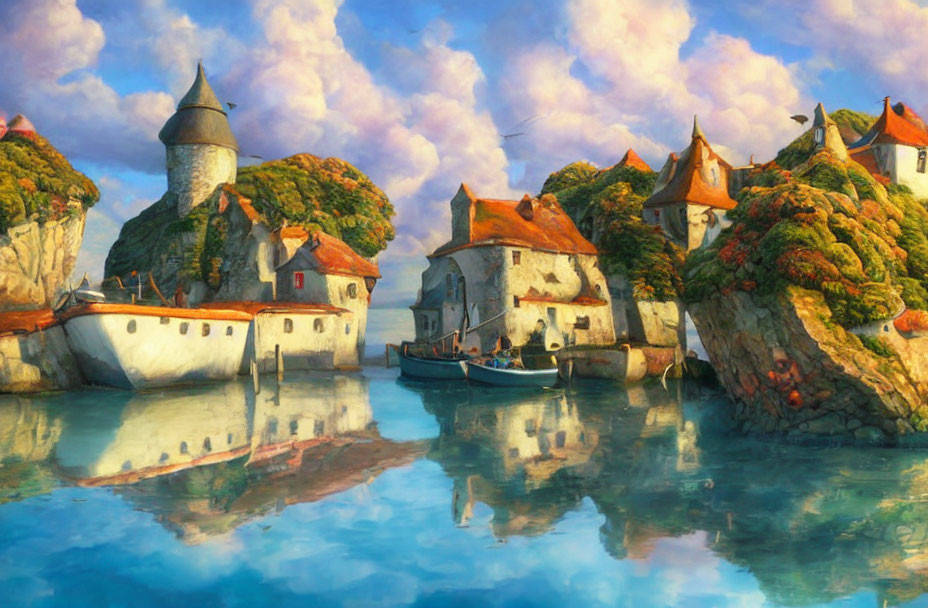 Scenic village with stone houses and castle by calm waterway