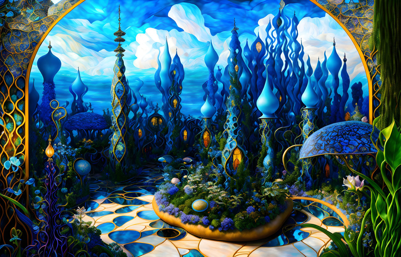 Fantastical landscape with blue structures, golden accents, and lush greenery