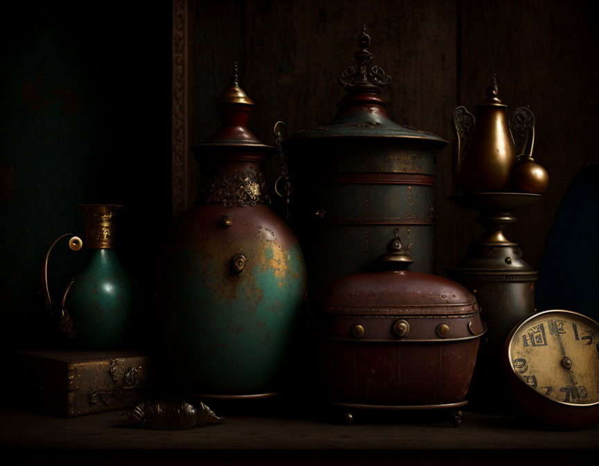 Collection of Antique Objects: Metal Urns, Clock Face, Chest on Wooden Surface