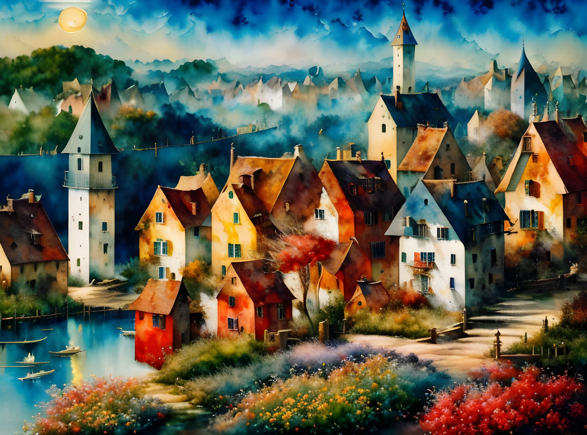 Vibrant village painting with river, boats, towers, and moon