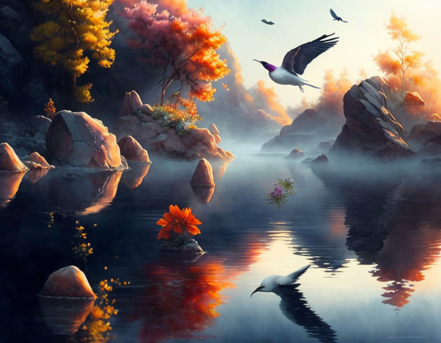 Tranquil landscape: stork flying over misty lake, colorful trees, flowers.