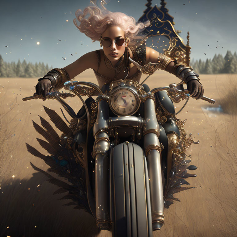 Animated character with pink hair rides fantasy motorcycle in ornate field.