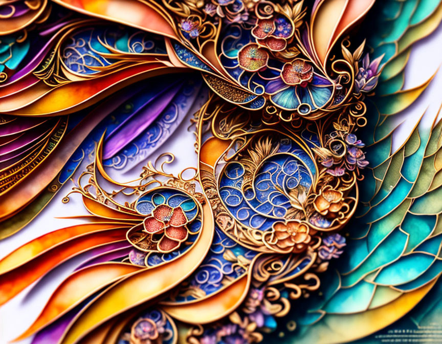 Colorful Paper Art Piece: Floral and Peacock Feather Designs