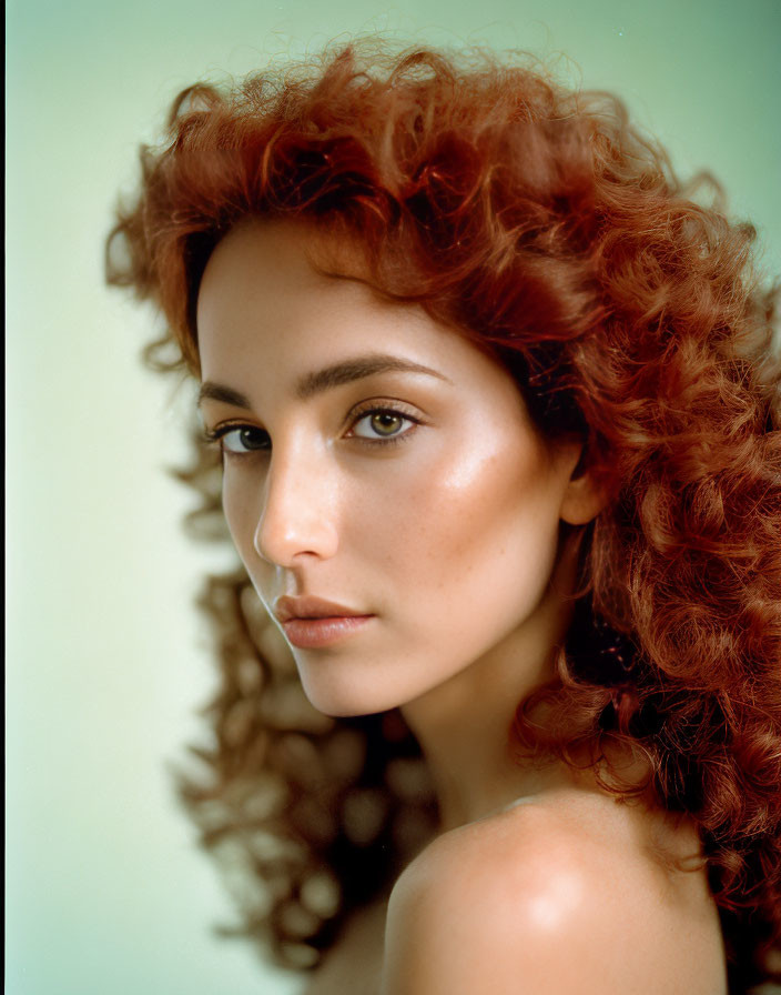 Person with Voluminous Curly Red Hair and Striking Facial Features