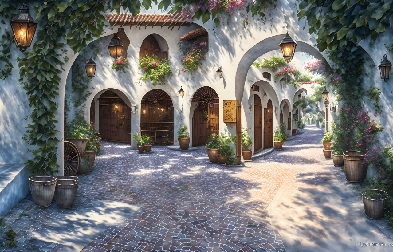 Tranquil Mediterranean courtyard with archways, flowers, lanterns, and plants