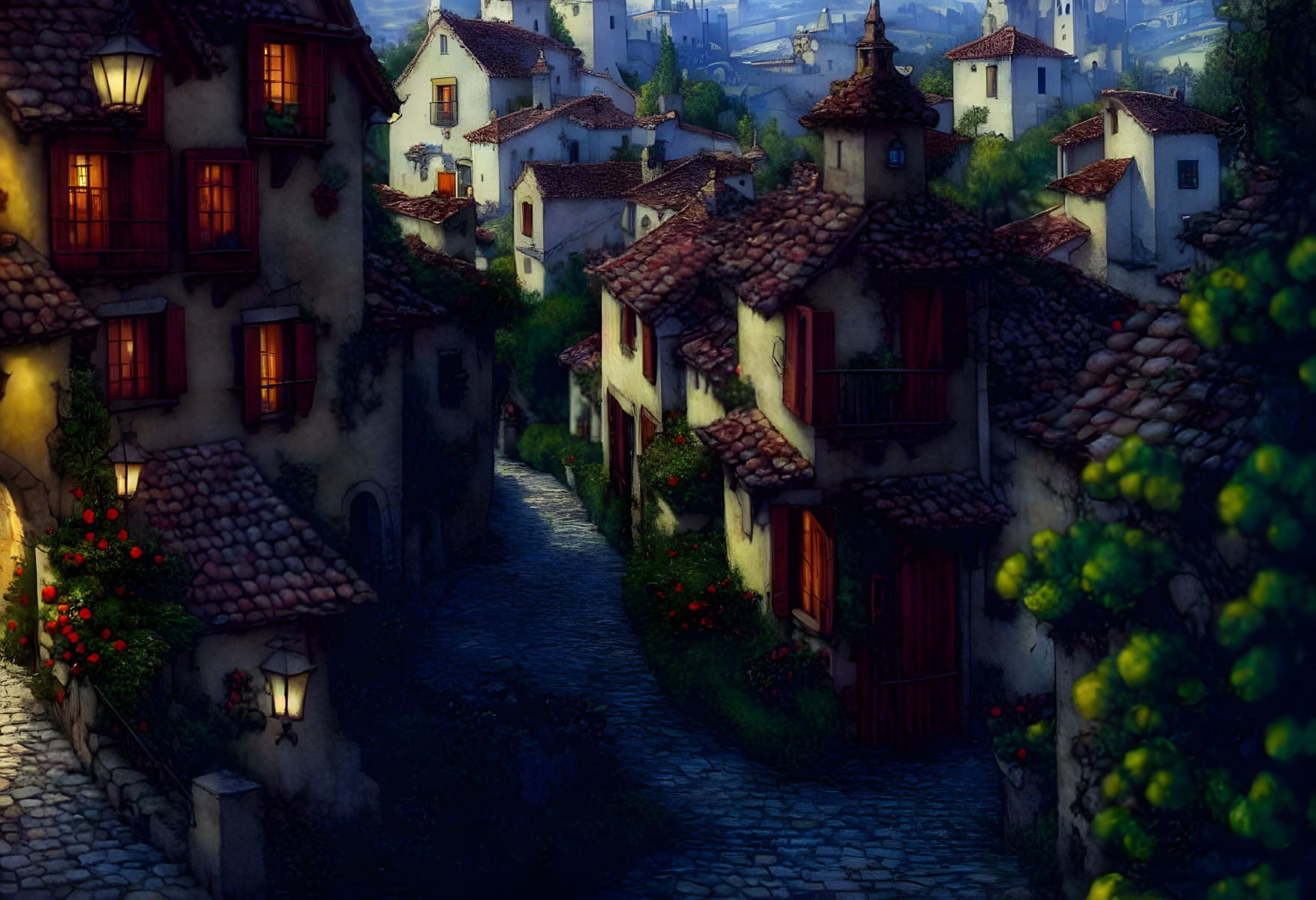 Picturesque Twilight Scene in Old Village with Cobblestone Streets and Cozy Stone Houses