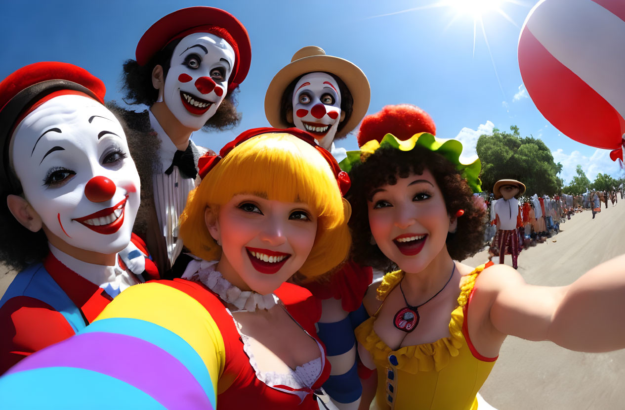 Colorful Clowns in Fisheye Selfie with Balloons