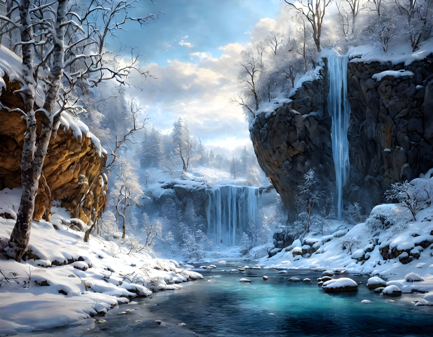 Frozen waterfall in serene winter landscape with snow-covered trees and clear stream