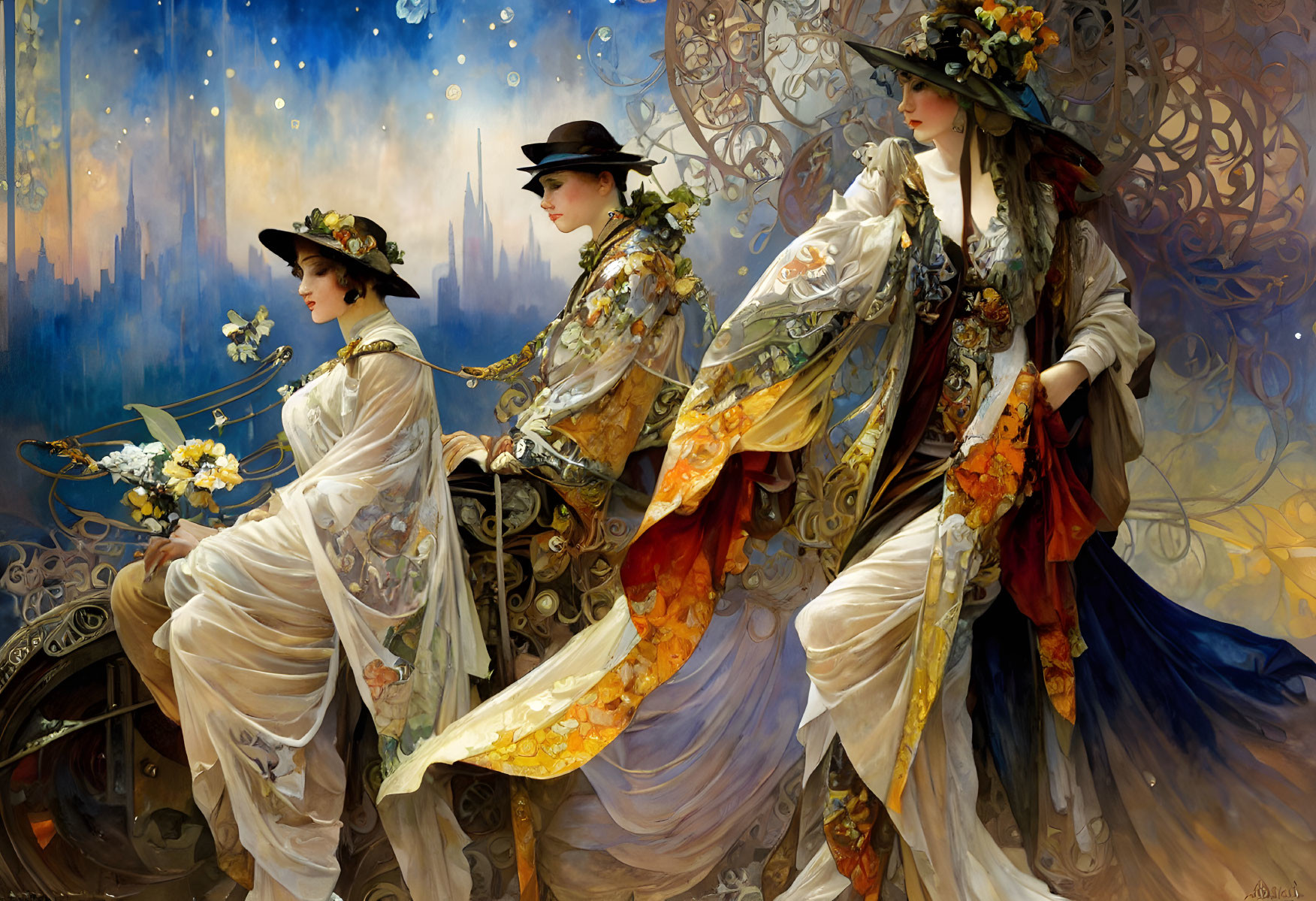 Three elegant women in floral dresses and hats against cityscape backdrop.