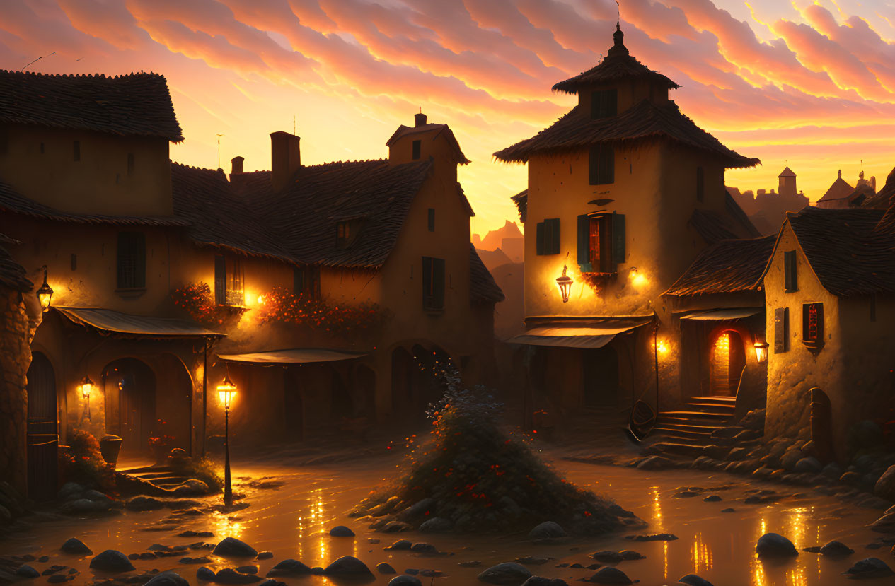 Tranquil village sunset with cobblestone streets and illuminated houses