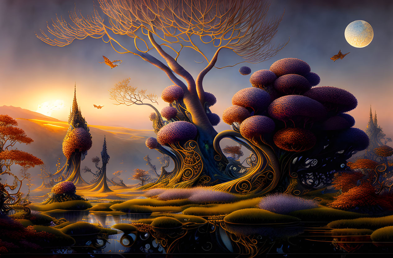 Fantastical dusk landscape with whimsical trees, oversized mushrooms, reflective water, and moon