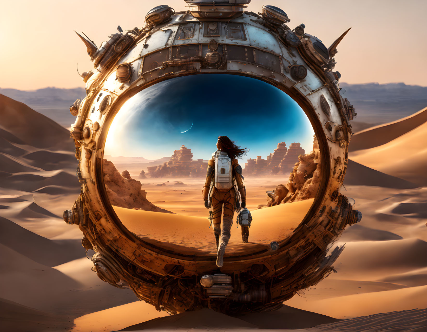 Futuristic explorer encounters large spherical structure in desert