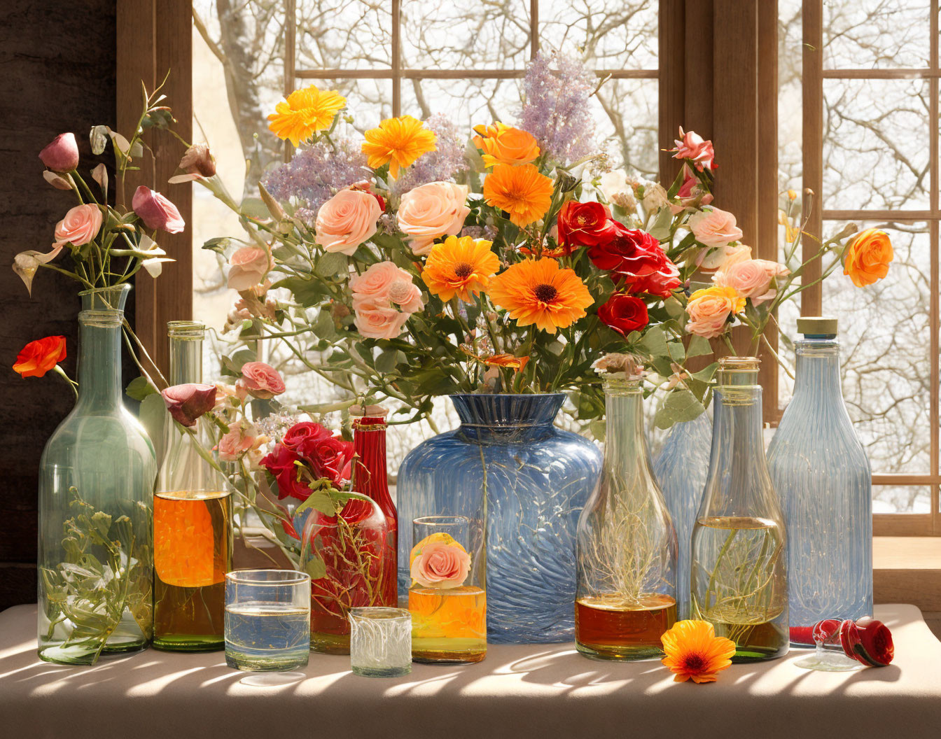 Glass bottles filled with flowers in winter