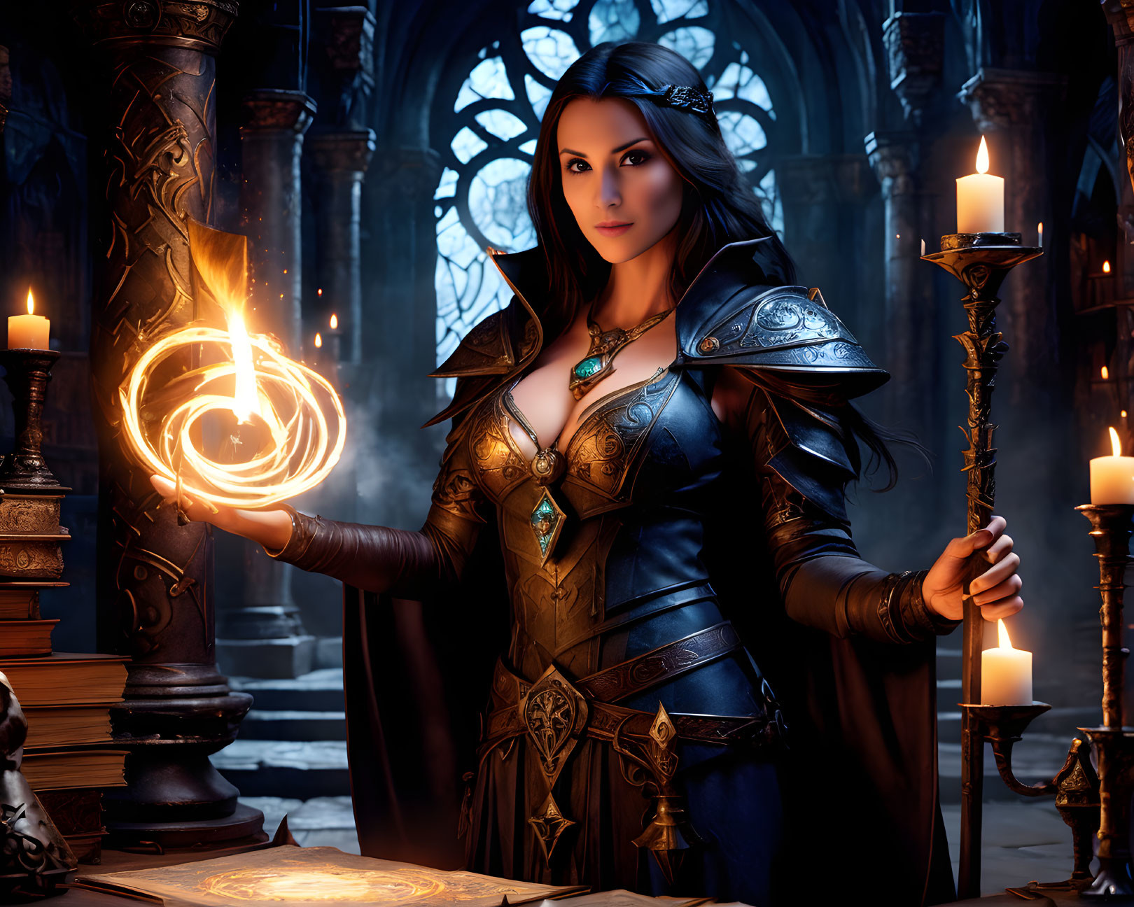 Woman in ornate armor casting magical spell in candlelit gothic chamber