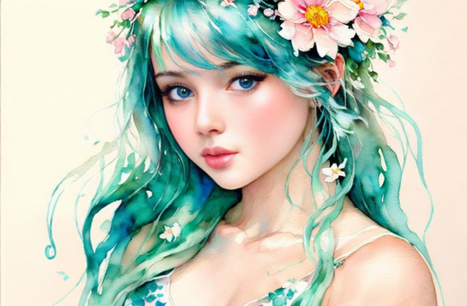 Digital artwork: Young woman with turquoise hair and floral wreath, soft ethereal aesthetic.