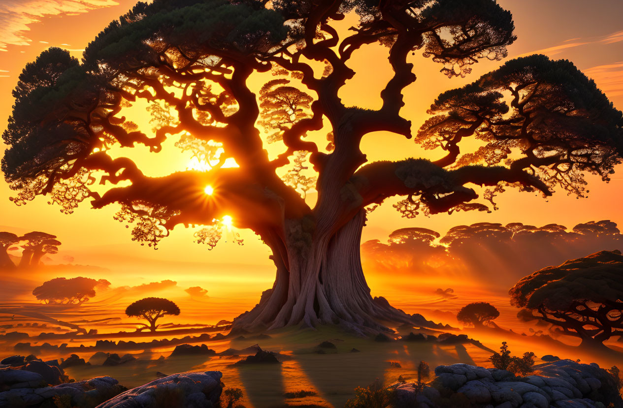 Majestic tree with broad trunk and twisting branches in serene sunset landscape