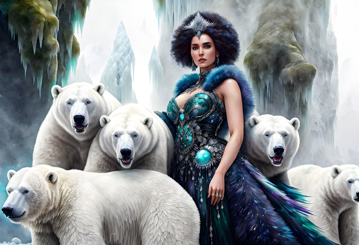 Woman in Blue Dress with Fur Trim Surrounded by Polar Bears in Icy Landscape