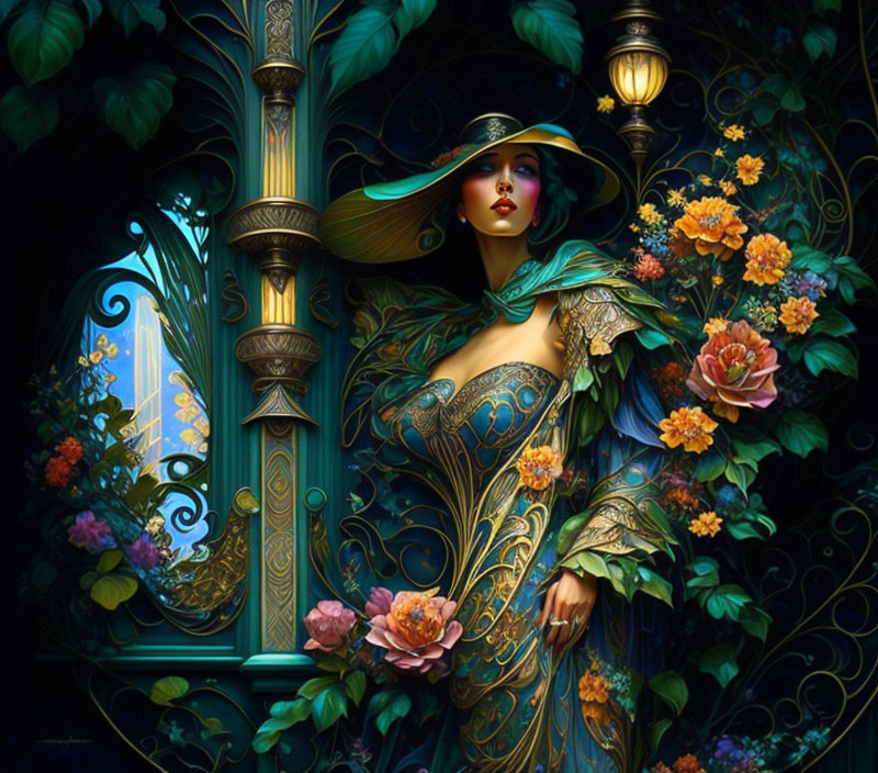 Stylish woman in wide-brimmed hat by ornate lamp post and vibrant flowers