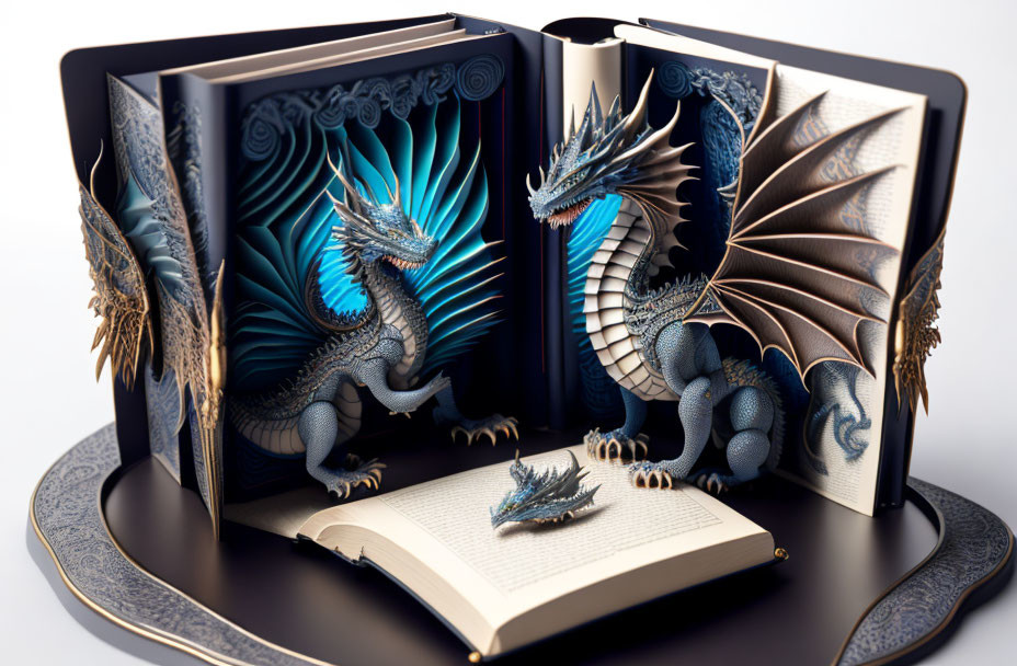 Intricate Blue Dragon Pop-Up Book Displayed on Stand